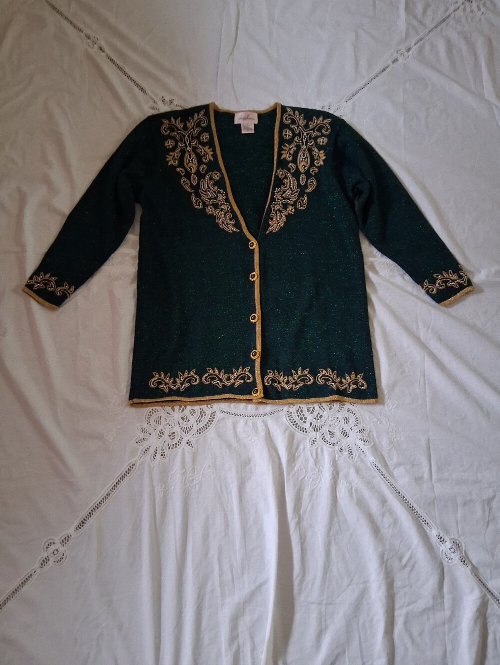 Jaclyn Smith Womens Sparkly Green, Beaded Cardigan Sweater w Gold Trim - Sz L
